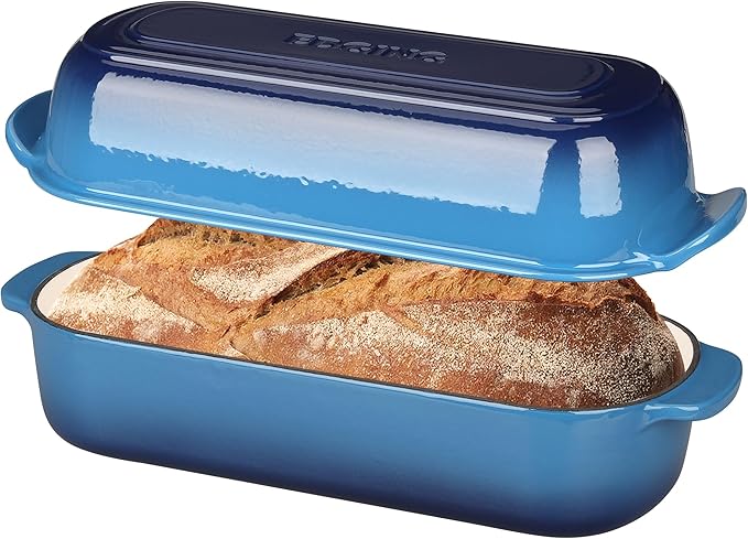 Enameled Cast Iron Loaf Pan with Lid, Dutch Oven Bread pan for Homemade Sourdough Bread Baking, 12.5x5.5 inch, 5qt, Lake Blue