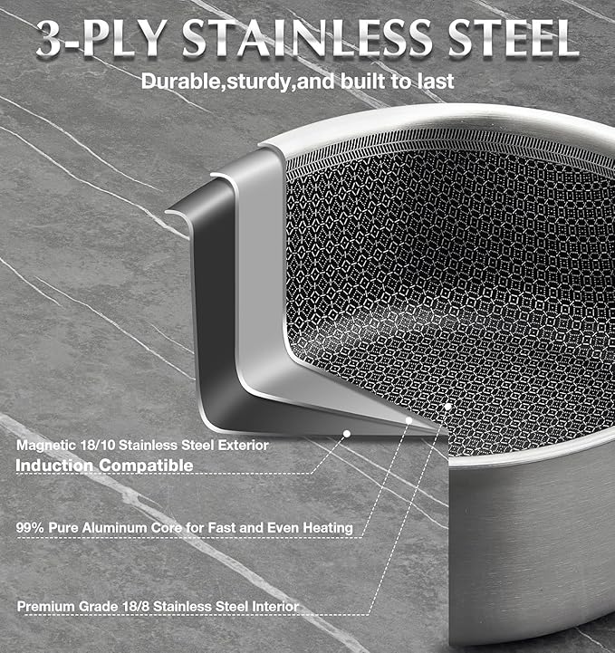 KOCH SYSTEME CS Hybrid Nonstick Stainless Steel Sauce Pan 3QT, Tri-ply Stainless Steel Pot with Honeycomb Interior, Hybrid Sauce Pan with Lid, 18/10 Steel Pot, Induction Compatible