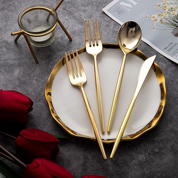 LIYH 360 Pcs Heavyduty Gold Plastic Silverware Set - Elegant Gold Silverware Disposable Utensils Set for Weddings, Parties & Events - Includes Forks, Spoons, Knives, Cutlery Tableware