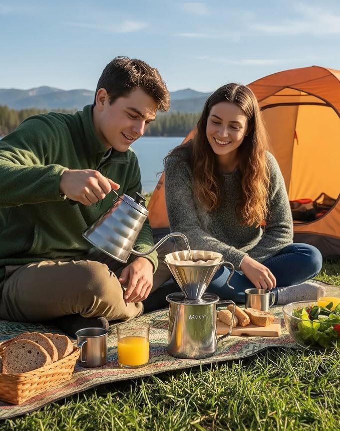 AGOGO Compact Portable Pour Over Coffee Maker Set - Easy Cleaning 304 Stainless Steel Dripper Set for Camping & 50 Filters Paper & Cleaning Rag (Silvery, 600ml)
