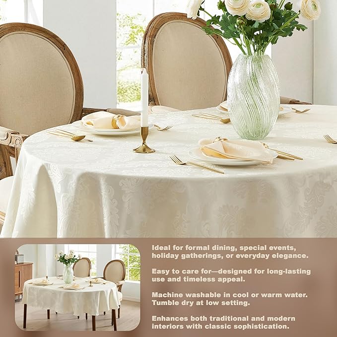 Newbridge Barcelona Luxury Damask Fabric Tablecloth, 60” Wide x 102” Oval, Antique White, 100% Polyester, No Iron, Soil Resistant Dining Room, Party and Banquet Table Cover