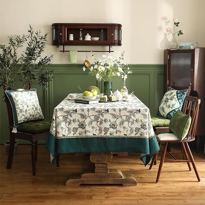 patdrea Designer Green Linen Table Cloth for Rectangle Table,Vintage Floral Pattern Durable Tablecloth,French Cover Decor for Kitchen Dining,Christmas,Thanksgiving,Tea Party,55"x79"-Noah