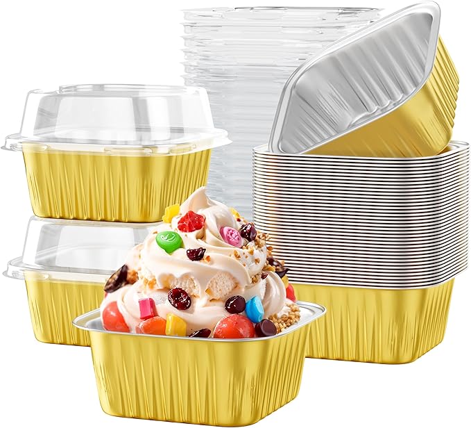 40 Pack 5 OZ Mini Cake Pans with Lids, Disposable Square Aluminum Foil Brownie Baking Cups, Mini Aluminum Foil Cupcake Muffin Tin Ramekins, Flan Molds Cake Containers for Wedding Birthday Party