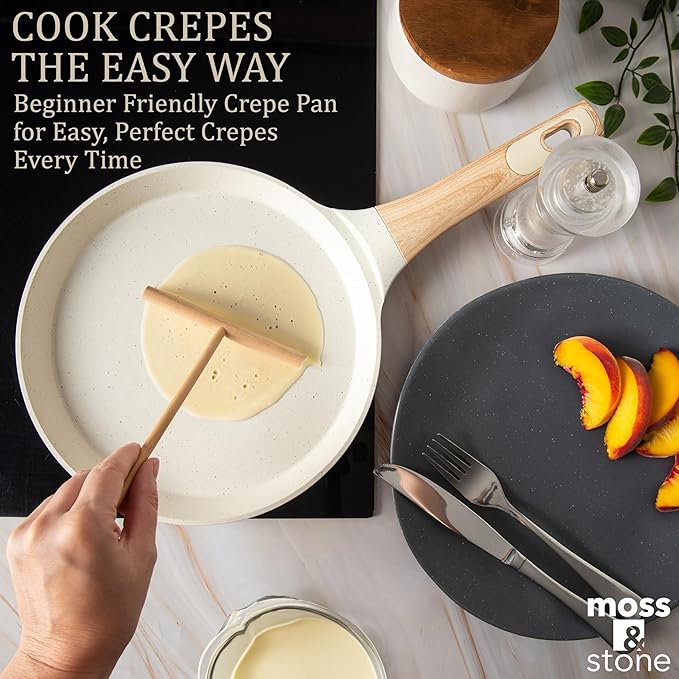 Moss & Stone 9.5-Inch Nonstick Crepe Pan with Spreader – Ceramic Dosa Tawa, Flat Skillet for Roti, Pancakes, Tortillas – Induction Compatible, Nonstick Pancake Pan for Stovetop Use, White