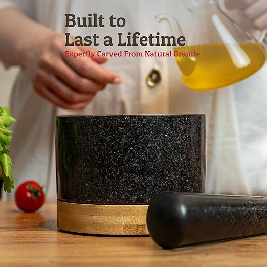 PriorityChef Heavy Duty Mortar and Pestle Set with Bamboo Base, 100% Natural Granite Stone Grinder, Guacamole Bowl and Masher, 1.5 Cups, Black
