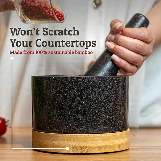 PriorityChef Heavy Duty Mortar and Pestle Set with Bamboo Base, 100% Natural Granite Stone Grinder, Guacamole Bowl and Masher, 1.5 Cups, Black