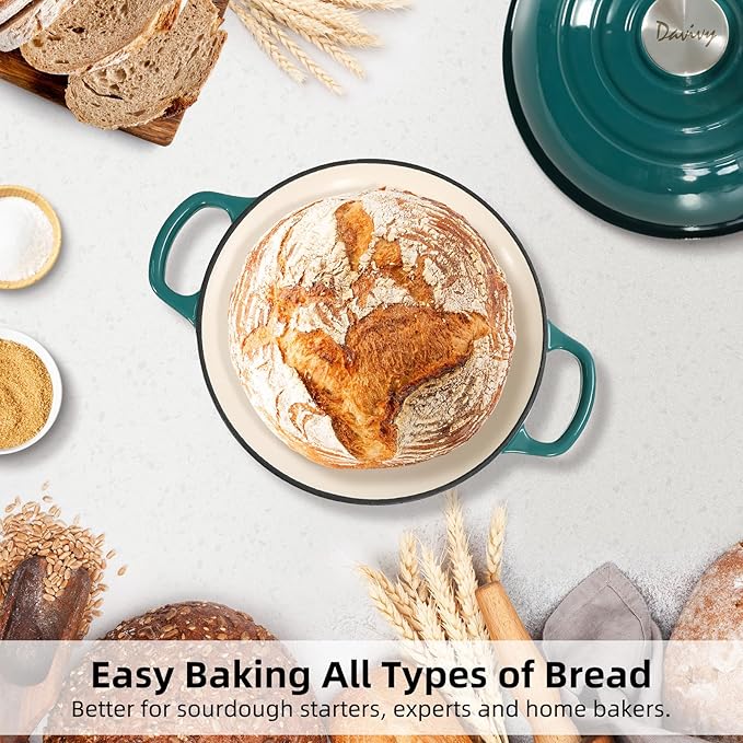 Davivy 5.5QT Enameled Cast Iron Dutch Oven with Lid, Dutch Oven for Sourdough Bread, 10" Round Sourdough Bread Oven, Bread Cloche for Bread Baking, with Silicone Baking Mat - Gradient Teal