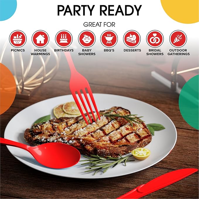 Party Solids Red Plastic Silverware Heavy Duty 300 Pieces Red Plastic Cutlery Sets, Utensil Sets, 100 Of Each Forks, Knives & Spoons Disposable Cutlery Set, Flatware Set For Party Supplies