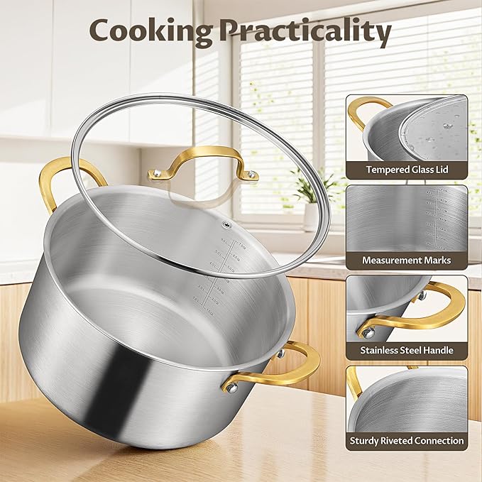 BEZIA 8 Quart Tri-Ply Stainless Steel Stock Pot with Lid, Soup Pot with Stainless Steel Handle, Exceptional Heat Distribution, Induction Cooking Pot for All Stoves, Silver