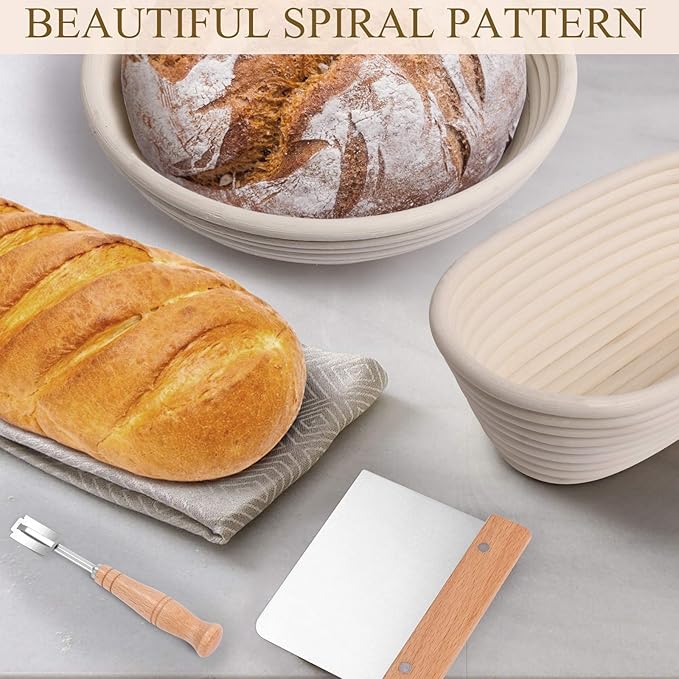 Bread Proofing Basket Set 9.6 Inch Oval and 10 Inch Round Natural Rattan Proofing Baskets with Bread Lame and Dough Scraper and Linen Liner Bread Making Tools for Professional and Home Bakers
