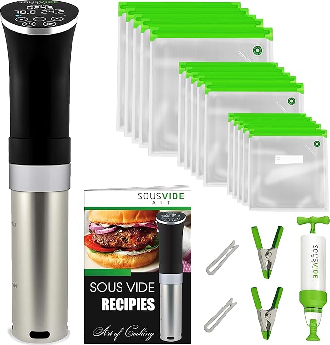SOUSVIDE ART Sous Vide Cooker Kit - 1000W Immersion Circulator - 15 Vacuum Bags, Pump, Digital Timer and Temperature Control; Complete Sous Vide Machine Cooking Kit for Home Chefs and Beginners