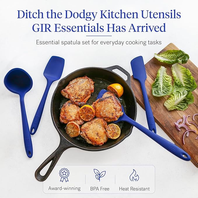 GIR: Get It Right - 5 Piece Essentials All Purpose Set - Ladle, Spatula, Flip, Spoon & Spoonula, Non-stick, Heat Resistant, Dishwasher Safe, Kitchen Utensils, Baking Supplies - Royal Blue