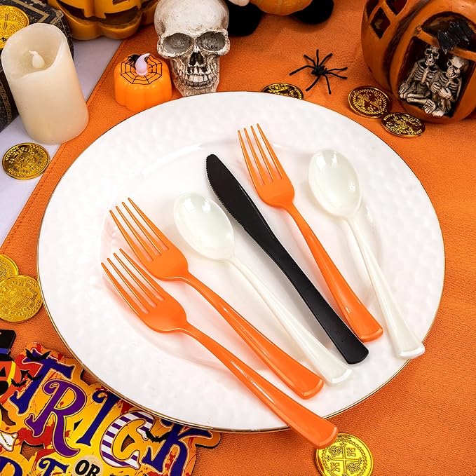 NOCCUR 180PCS Halloween Plastic Silverware Set - Tricolor Flatware Disposable Supplies Include 60 Black Knives, 60 Orange Forks, 60 White Spoons - Ideal for Thanksgiving Party