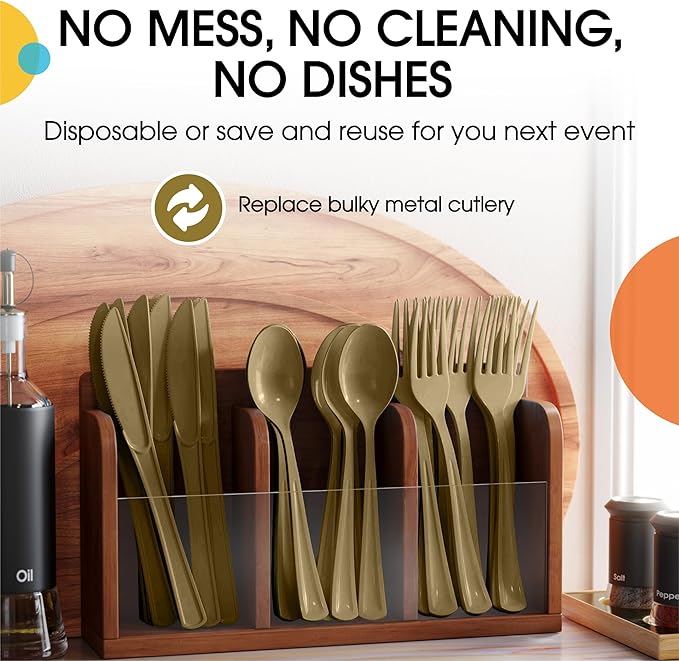 Party Solids Gold Plastic Silverware Heavy Duty 150 Pieces Gold Plastic Cutlery Sets, Utensil Sets, 50 Of Each Forks, Knives & Spoons Disposable Cutlery Set, Flatware Set For Party Supplies