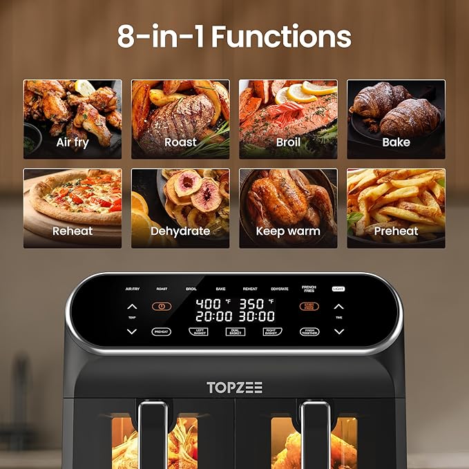 Topzee 8QT Dual Basket Air Fryer – Large Air Fryer with Independent Controls, 8 Preset Modes, Sync & Finish Together, Easy View Windows, Black