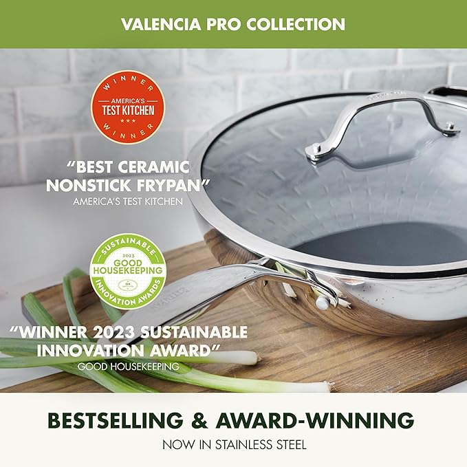 GreenPan Valencia Pro Tri-Ply Stainless Steel 12” Wok with Lid, Ceramic Nonstick PFAS-Free Coating, Multi Clad Cookware, Induction, Dishwasher Safe, Oven and Broiler Safe