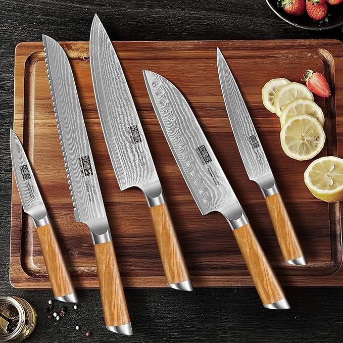 HOSHANHO 5 Pieces Kitchen Knife Sets, Ultra Sharp Professional Damascus Super Steel Chef Knives Sets with Ergonomic Olive Wood Handle, Including Chef, Bread, Santoku, Utility & Paring Knives
