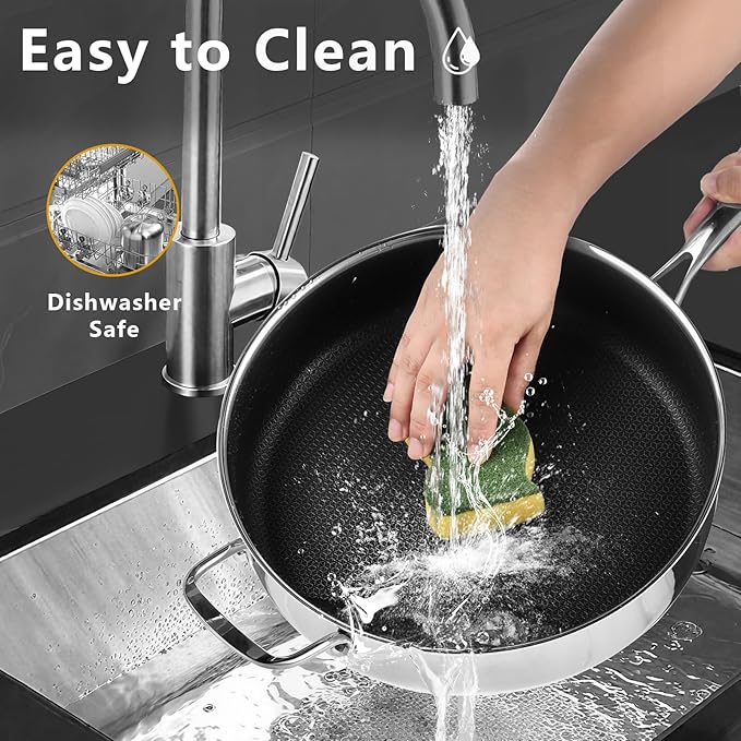 12 Inch Frying Pan Nonstick with Lid, 5.6QT Hybrid Ceramic Deep Saute Pan & Skillet, Tri-Ply Stainless Steel for Even Heat, PFOA/PFOS Free, Induction & Oven Safe