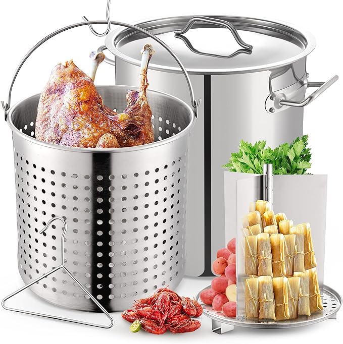 ARC 52QT Stainless Steel Stockpot for Crab Seafood Boiler Crawfish Pot with Basket and Steamer Rack, Outdoor Cooking Pot for Lobster Shrimp Boiling, Turkey Fryer and Tamales Steamer, 13 Gal