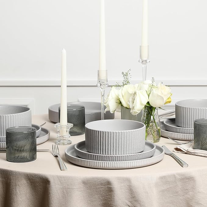 Stone Lain Haven Stoneware 32-Piece Dinnerware Set, Plates and Bowls Sets for 8, Grey Dish Set, Includes Dinner and Salad Plates, Cereal Bowls, Glassware, Microwave & Dishwasher Safe