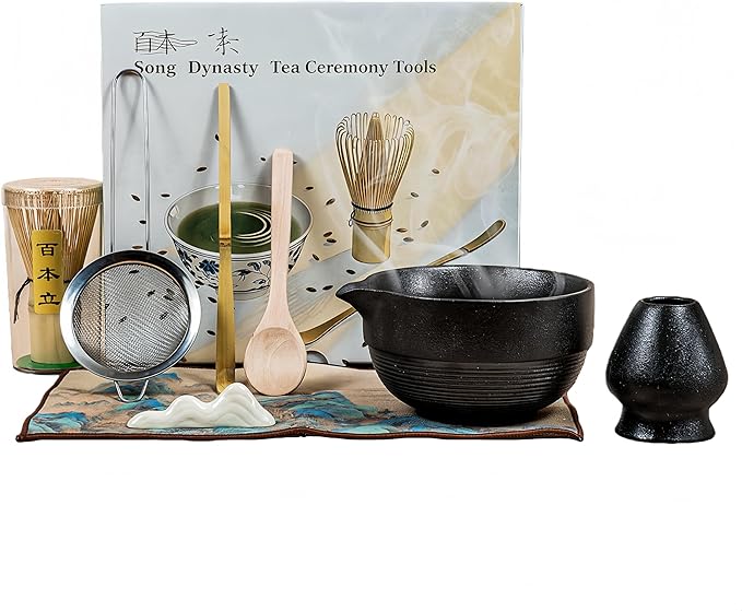 Matcha Set 7-Piece Tea Set with Brush, Bowl, Whisk, Strainer, Chasen, for Matcha Tea Ceremony (Black)