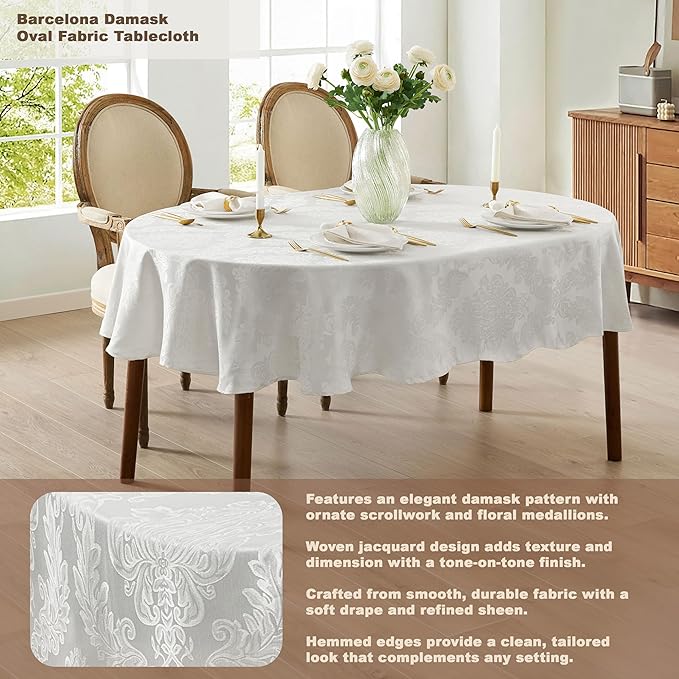 Newbridge Barcelona Luxury Damask Fabric Tablecloth, 60” Wide x 120” Oval, White, 100% Polyester, No Iron, Soil Resistant Dining Room, Party and Banquet Table Cover