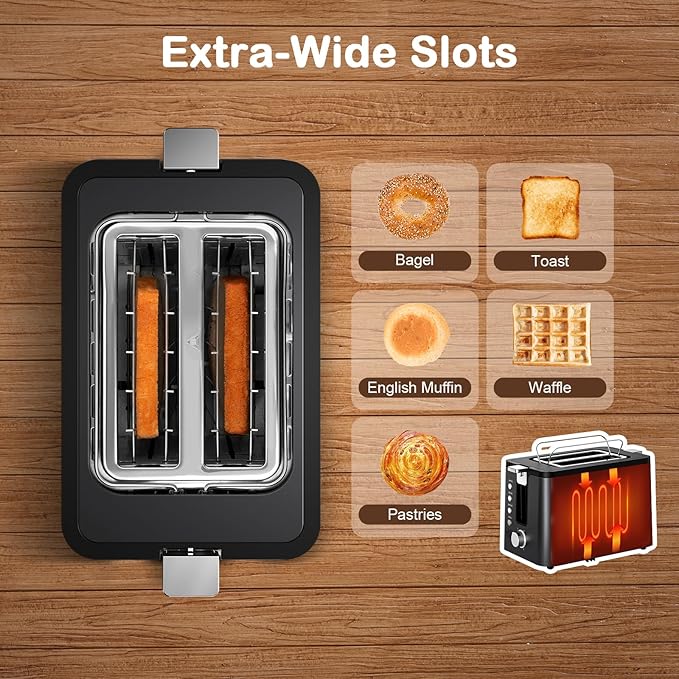 Mecity Toaster 2 Slice Stainless Steel Body, Timer, Bagel, Defrost, Reheat, Cancel Functions, Warming Rack, Removable Tray, 6 Browning Settings, Extra Wide Slots, Bread Toaster, 120V 800W Black