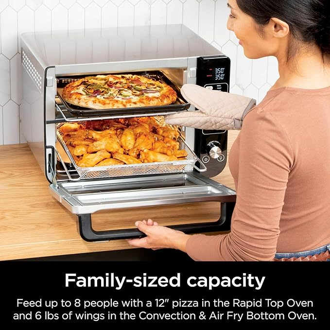 Ninja 10-in-1 Multi-Cooker Double Oven with FlexDoor, FlavorSeal & Smart Finish – Rapid Top Convection, Air Fry Bottom, Bake, Toast, Pizza & More – Stainless Steel, DCT400