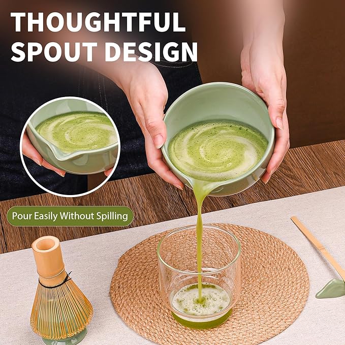 Matcha Whisk Set, 7 Pcs Matcha Kit with Matcha Bowl, Spout, Whisk and Holder, Bamboo Scoop and Stainless Steel Sifter, Japanese Matcha Set for Ceremony, Gift for Matcha Lover