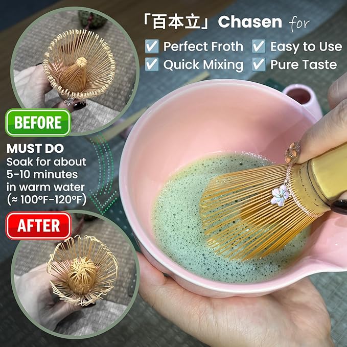 Matcha Whisk Set Incl. Ceramic Bowl With Spout, Whisk (Chasen), Stand, Bamboo Scoop, Sifter, Electric Frother, Tea Towel etc. 9 Pcs Matcha Making Starter Kit, Pink