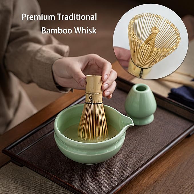 Matcha Whisk Set – 8 Pcs Matcha Set with Ceramic Bowl with Spout, Bamboo Whisk, Holder, Scoop, Sifter, and Tea Towel – Complete Japanese Matcha Kit for Ceremony and Gift