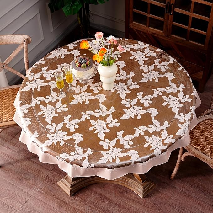 Vinyl Table Cloth Round Clear Table Cover Protector with Block Printed Pattern Oil Spill Proof Farmhouse Rustic Plastic Table Covers for Dining Tables (Scroll Grass, 55 Inches Round)