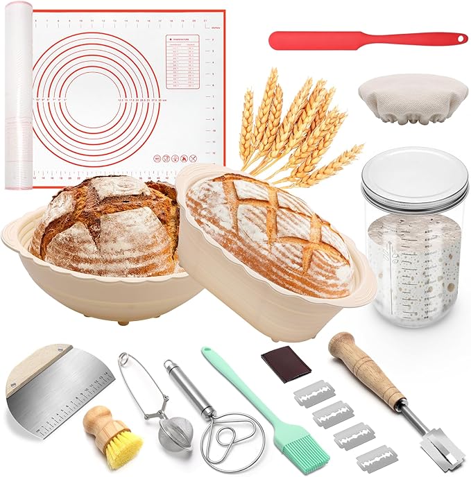 Windspeed Sourdough Bread Baking Supplies Kit of 15, Sourdough Starter Kit Include 10 and 8 Inch Bread Proofing Basket Dough Scraper Dough Starter Jar Linen Bag dough Whisk and Others