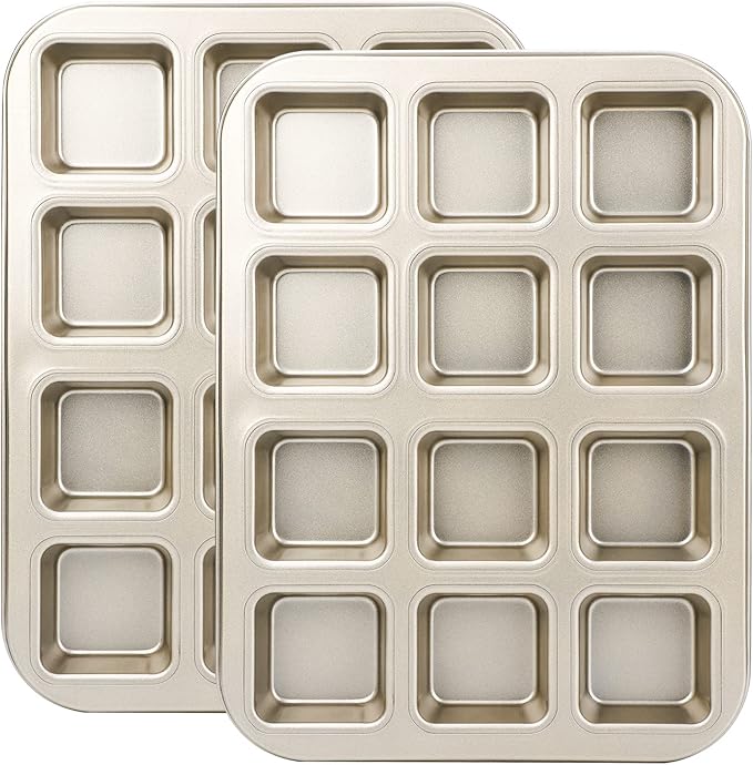 Beasea Brownie Pan with Dividers, 2 Set Gold All Edges Square Cupcake Brownie Pans 12 Mini Cavity Non Stick Baking Carbon Steel Bread Mold Small Edge 3x4 Individual Cutter Sheet Tray for Cake Oven