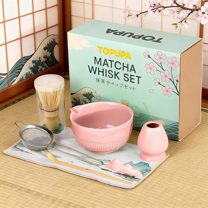7PCs Pink Matcha Whisk Set Traditional Japanese Matcha Kit with Whisk and Bowl Matcha Making Accessories Bamboo Chasen Tea Spoon Holder Sifter Tea Towel Ceremony Macha Tea Set for Beginners