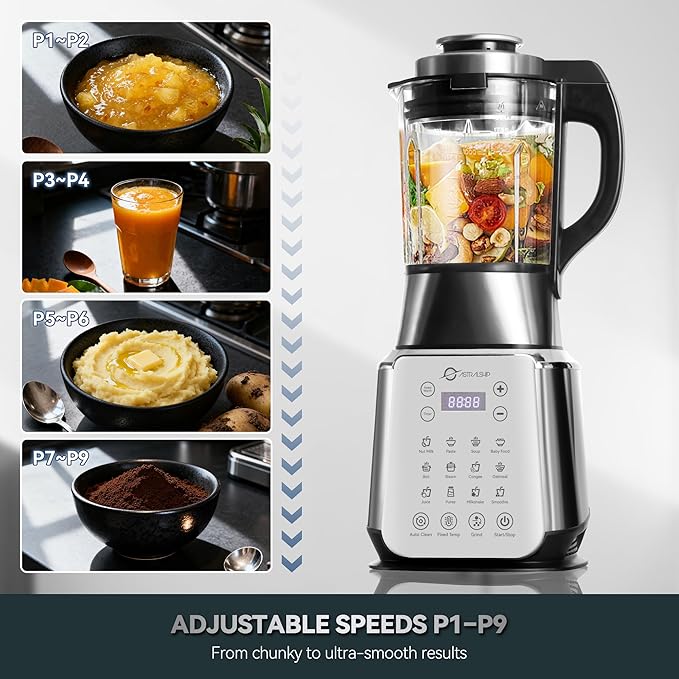 Premium Stainless Steel Glass Blenders for Kitchen – 1500W Motor, 9 Adjustable Speeds, 14 Pre-Programmed Functions, BPA-Free Glass Jar, Nut Milk, Smoothies, Soups, Baby Food, One-Touch Auto Clean