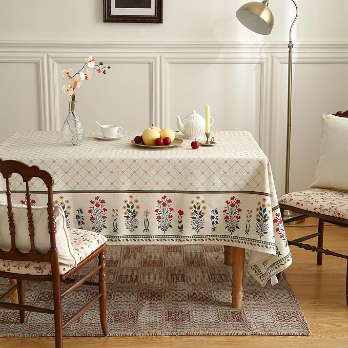 ISAENNE Designer Vintage Linen Floral Long Rectangle Tablecloth,Fall Colorful Modern Table Cloth,Anti-Wrinkle Decor Tablecloths for Dining Thanksgiving Kitchen Christmas,63"*94"-Bertina E