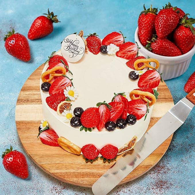 12" Acacia Wood Revolving Cake Stand, 2" High Rotating Cake Turntable with 2 Icing Spatulas, 3 Smoothers, Wooden Rotating Display Stand for Cake, Cupcake Decorating Supplies