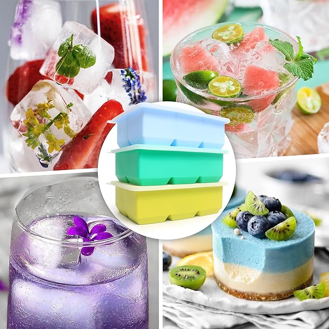 Silicone Ice Cube Trays 3 Pack - Large Size Silicone Ice Cube Molds with Leak Proof Removable Lid Square Ice Cube Tray And BPA Free for Cocktail,Whiskey, Stackable Flexible Ice