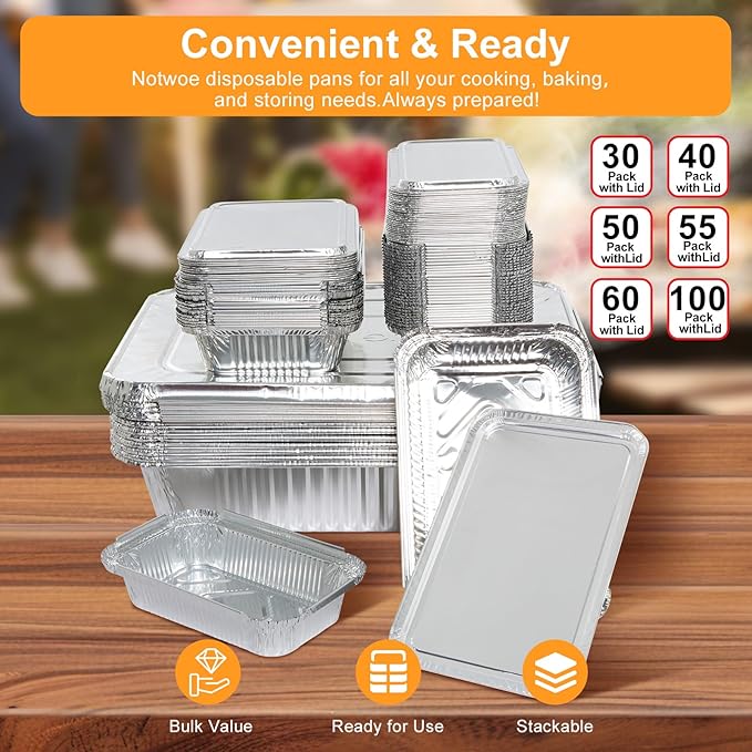 Notwoe® 55pc Disposable Aluminum Pans With Lids, 10x14 (10pc) 5.5x8.2 Square (15pc) And 4x7 Square (30pc) Combo Set, Disposable Baking and Cake Pan. (55 Pack w/Lids)