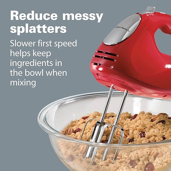 Hamilton Beach 6-Speed Electric Hand Mixer with Whisk, Traditional Beaters, Dough Hooks, Snap-On Storage Case, 275 Watts, Red