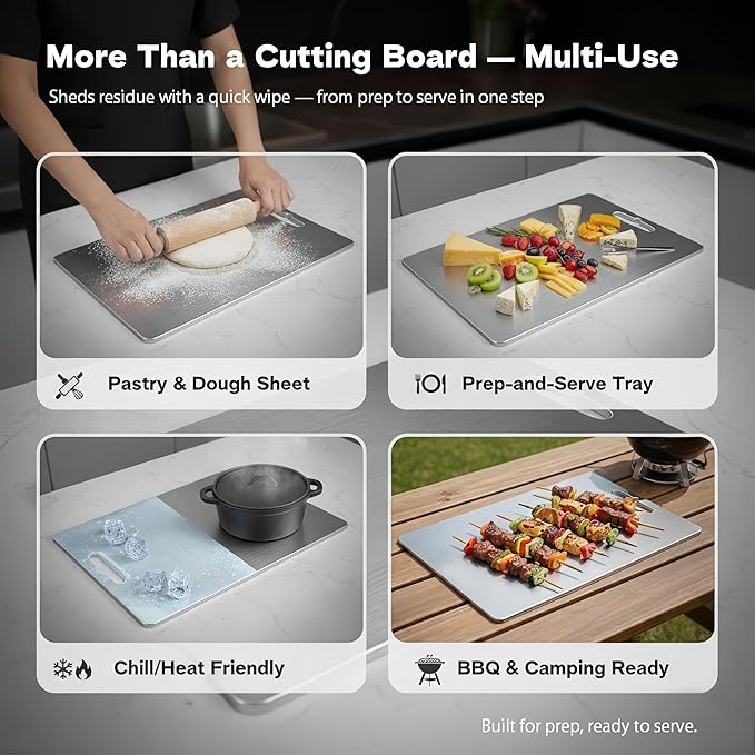 16x11 Titanium Cutting Board 2mm Thick. 100% Pure Titanium Cutting Boards For Kitchen, Stays Flat & Odor-resistant, Non-porous, Dishwasher-safe, Reversible - Multi-use: Pastry, Prep & Serve, Bbq.