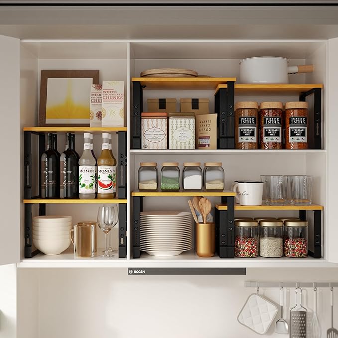 Adjustable Storage Shelves for Kitchen Cabinet Organization - Set of 2 Stackable Metal & Solid Wood Racks, Space-Saving Design for Countertop/Pantry/Garage, Easy Assembly(1 Pack/Large/Black)