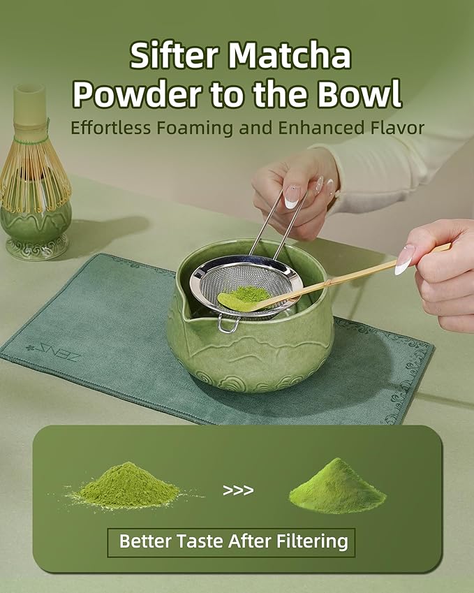 ZENS Matcha Whisk Set, 6Pcs Matcha Kit Set Includes Ceramic Bowl, Bamboo Whisk and Chasen Holder,Scoop, 304 Stainless Sifter & Tea Mat, Matcha Set for Tea Ceremony, Blue