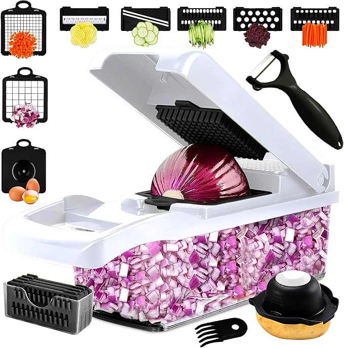 16-in-1 Vegetable Chopper and Slicer with 8 Blades – Veggie Cutter, Dicer, Food Chopper with Container & Lid – Multi-Purpose Kitchen Tool for Easy Meal Prep (Black)