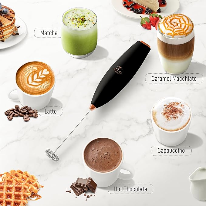 Zulay Milk Frother Wand – Handheld Electric Coffee Frother, Battery Operated Drink Mixer – 13,000 RPM Titanium Motor, Detachable Whisk, Easy Clean Foam Maker for Latte & Matcha – Exec Black n Copper