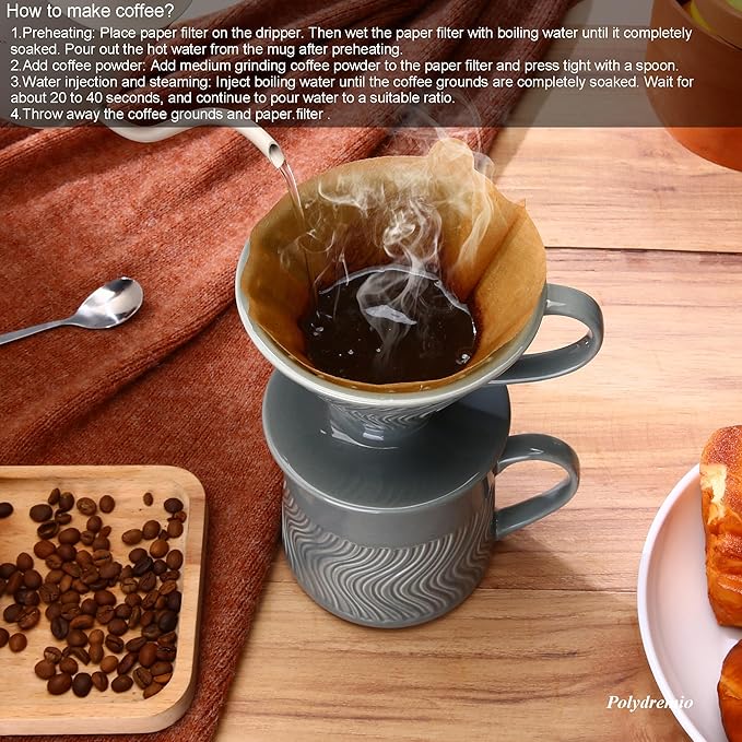 Pour Over Coffee Maker with 100 Sheets of V60 Paper Filter, 15 oz Ceramic Coffee Mug & Coffee Dripper, 1 Cup-Single brew coffee set, Grey