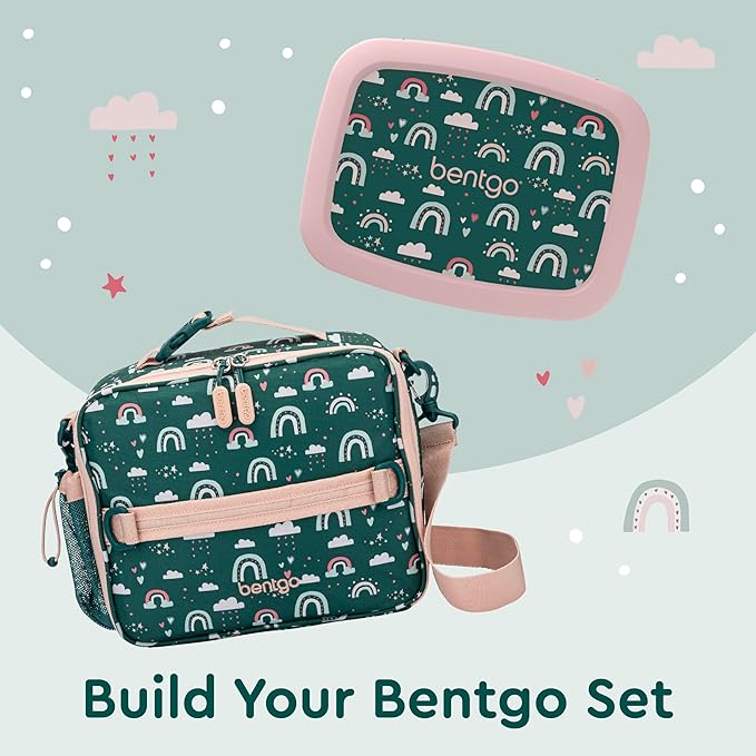 Bentgo Kids Lunch Bag - Durable, Double-Insulated Lunch Bag for Kids 3+; Holds Lunch Box, Water Bottle, & Snacks; Easy-Clean Water-Resistant Fabric & Multiple Zippered Pockets (Green Rainbow)