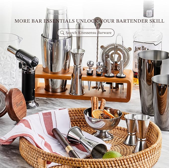 KITESSENSU Cocktail Shaker Set Bartender Kit with Stand | Bar Set Drink Mixer Set with All Essential Accessory Tools: Martini Shaker, Jigger, Strainer, Mixer Spoon, Muddler, Liquor Pourers |Silver