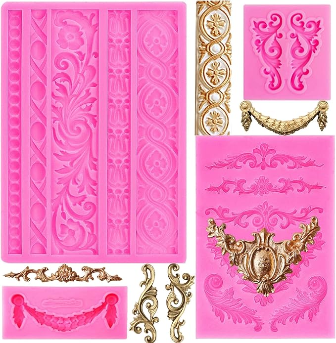 Rainmae 4 Pcs Baroque Fondant Silicone Molds, Relief Flower Lace Chocolate Mould, Scroll Lace Clay Mold, Filigree Mold 3D Sculpted Decoration, Cupcake Topper, Jewelry, Polymer Clay, Crafting Projects